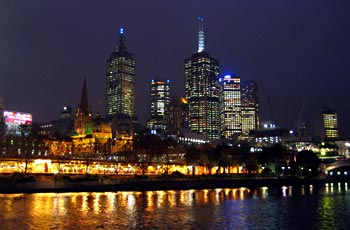 Melbourne CBD viewed across the Yarra River from Southbank.