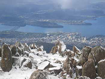 Snow at the top of Mt Wellington.