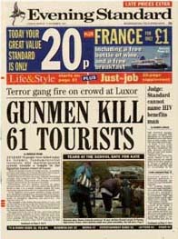 Evening Standard headline: Gunmen kill 61 tourists