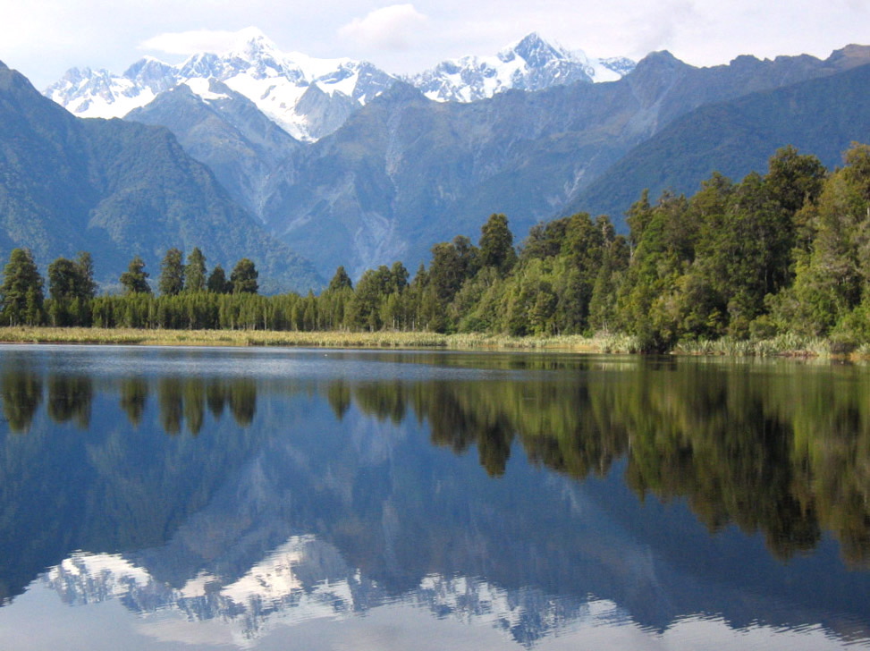 Lake Matheson, Mt Tasman and Mt Cook in background, New Zealand's South Island