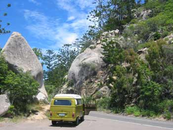The kombi parked overlooking Rocky Bay.
