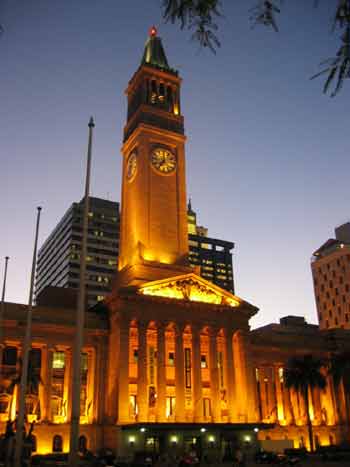 Brisbane City Hall at dusk.