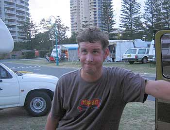 Ian looking at his dodgy hair, Surfer's Paradise.