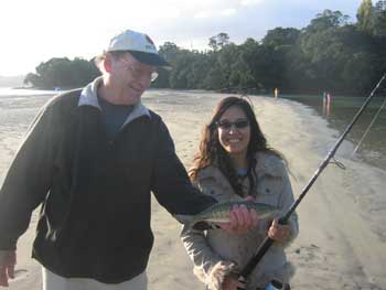 Manda catches the only fish of the day.