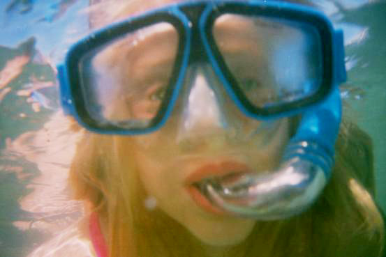 Daisy, close-up with mask and snorkel, as seen from under the water