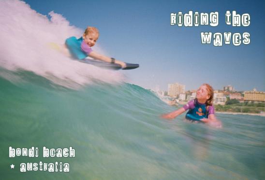 Riding the waves at Bondi: montage photo of Daisy and Toby in the Bondi surf.